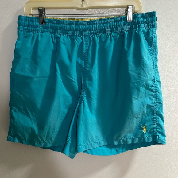 Vintage Polo Ralph Lauren Size L Blue Swim Trunks Yellow Polo Pony Logo - Picture 1 of 11